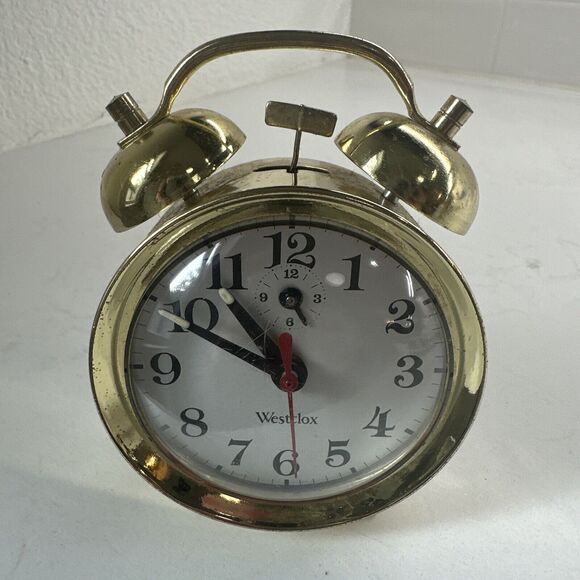VTG Gold Wind-up Alarm Clock Double Twin Bell  Second Hand Glows in Dark READ - Picture 1 of 14
